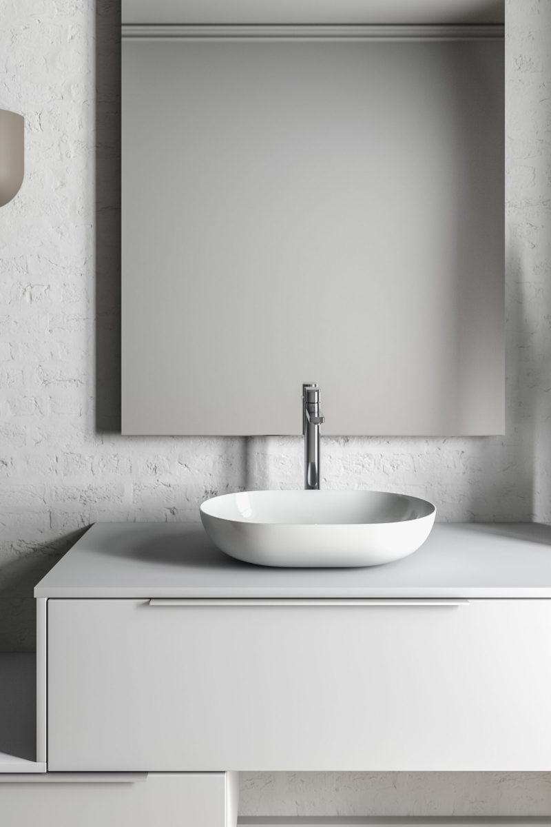 Temal kylpyhuone Aatos malja-allas Temal kylpyhuone, jossa rauhallinen tunnelma, harmaa Design-kaluste, valkoinen Aatos-allas, emaliallas, upea valo,